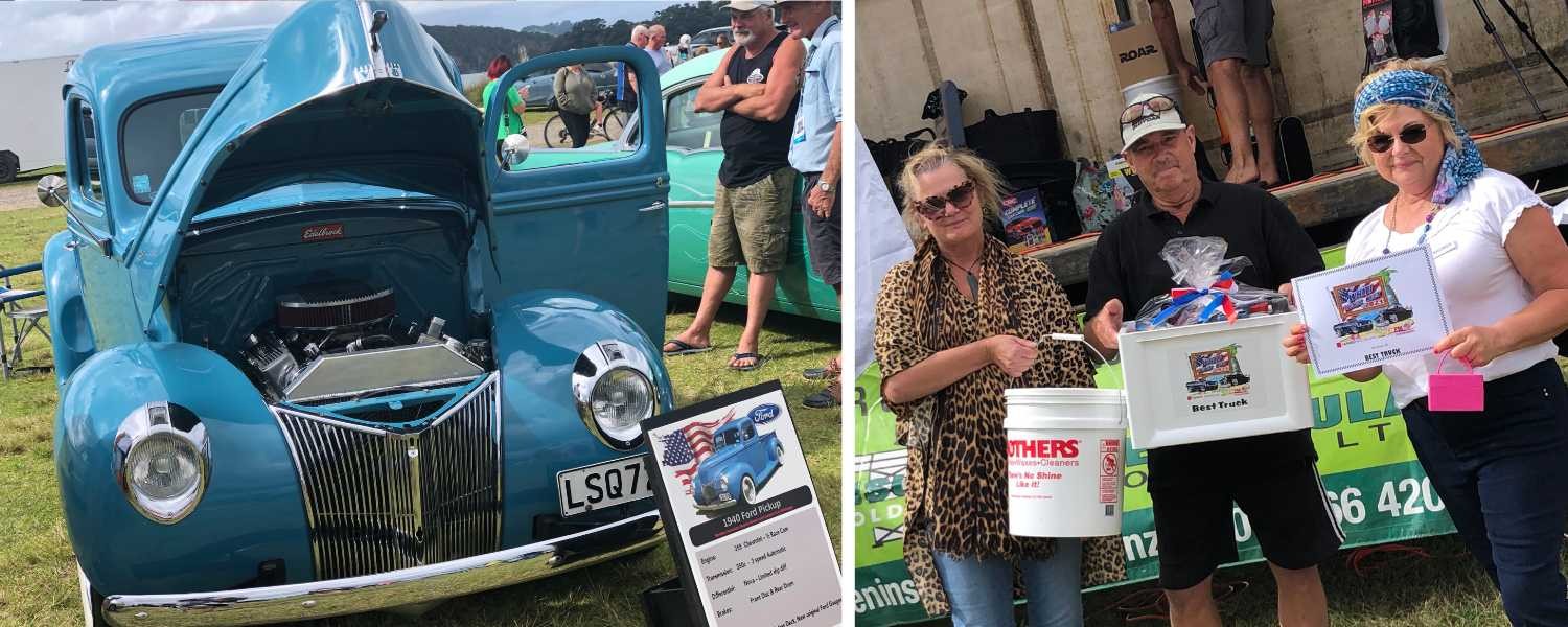 1940 Ford Pick up and three people standing holding awards