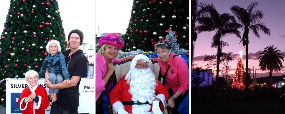 Families standing in front of xmas tree, and women with Santa 