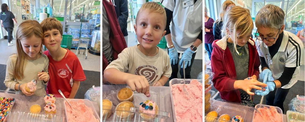 Ada and George Roach working on their cupcakes |  Deckly Sibley-Sinclair having fun with his cupcakes for mum | Abbie Sibley-Ireland gets a helping hand from Whitianga Lion Jeanette Russel 