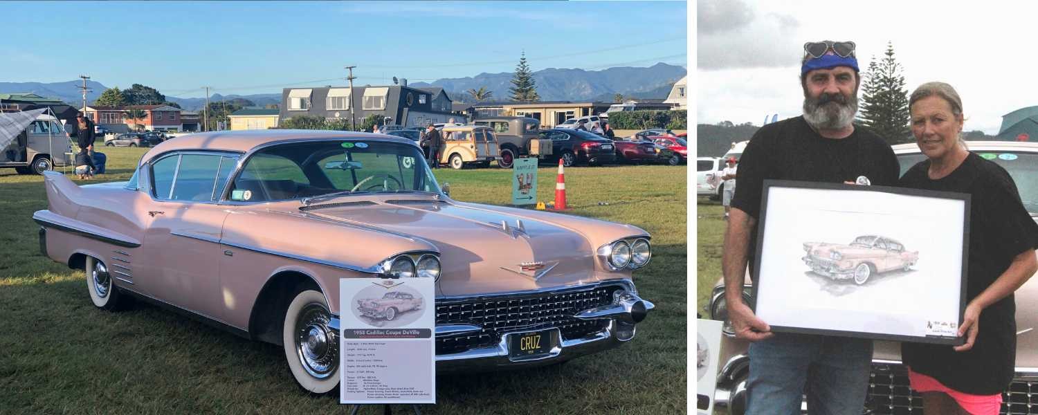 Pink Cadillac and two people holding a painting of a Pink Cadillac