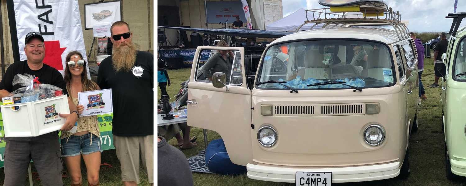 Three people holding certificates and 1977 VW Kombi