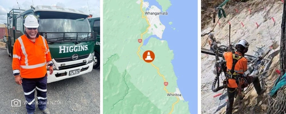 Road worker, map, man on cliff