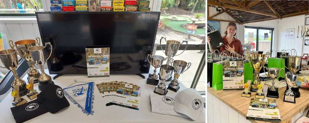 Medals and winners cups on table