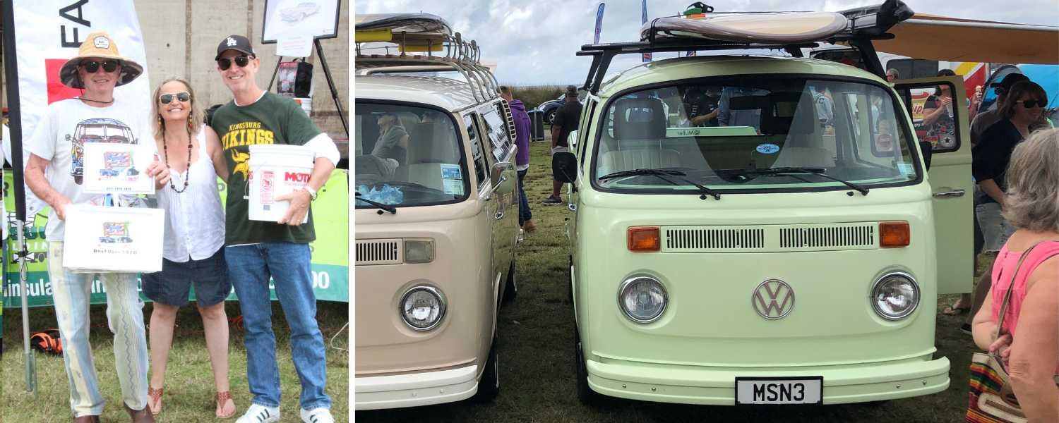 three people holding certificates and 1973 VW Crew Cab