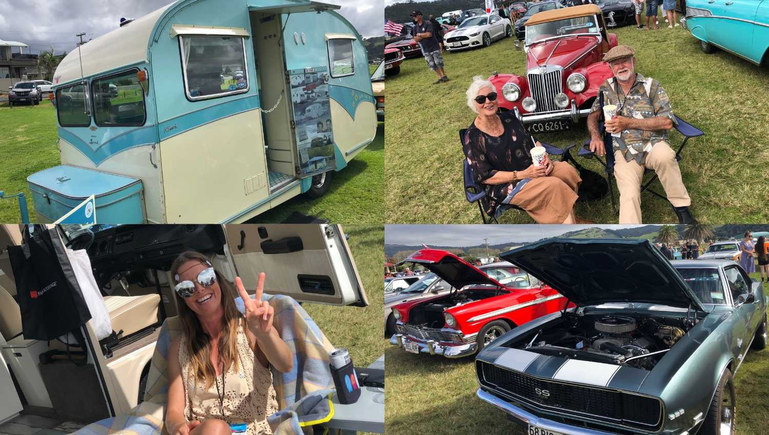 People sitting by classic cars and caravan