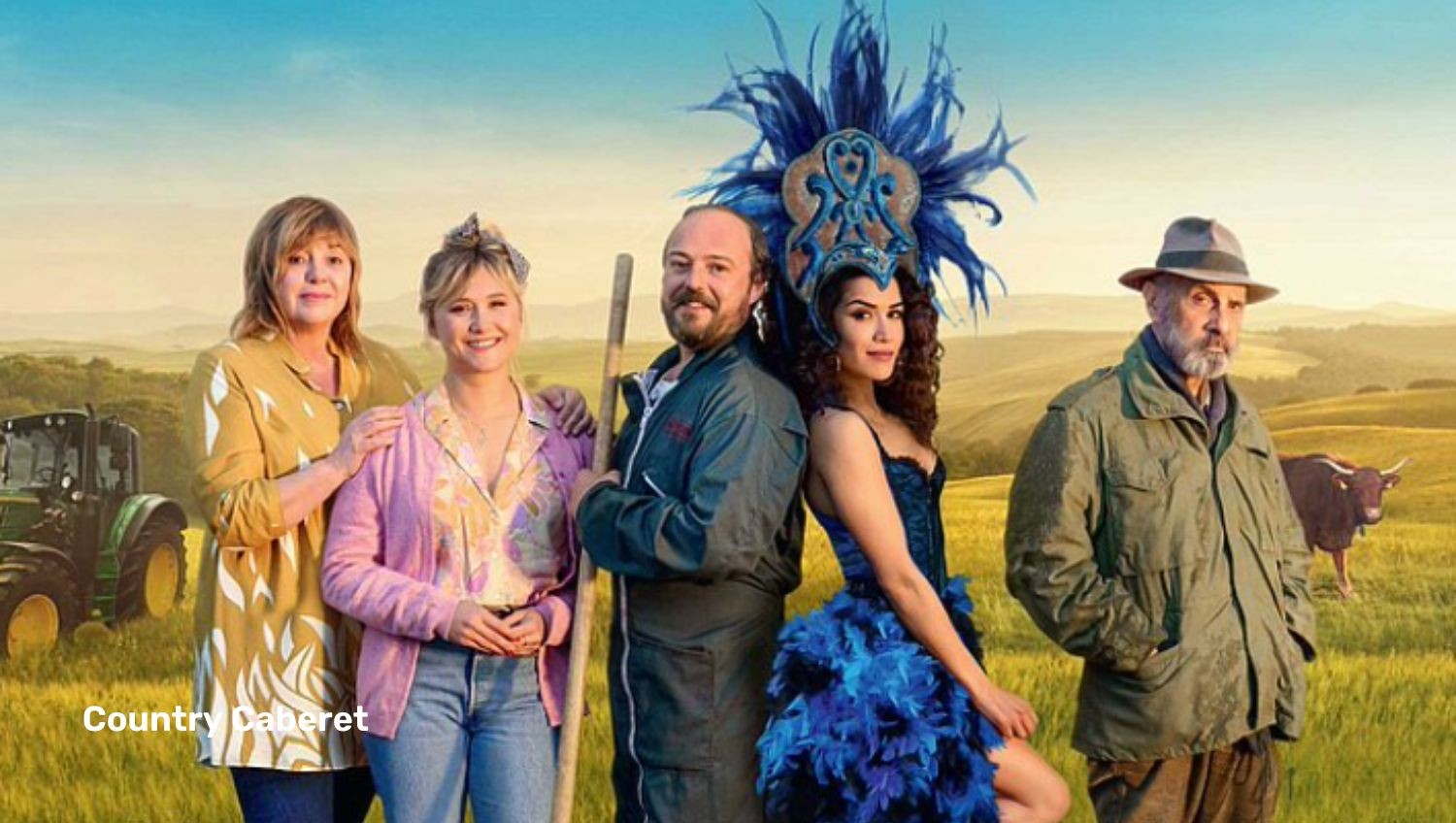 Family standing in field, one dressed in cabaret costume