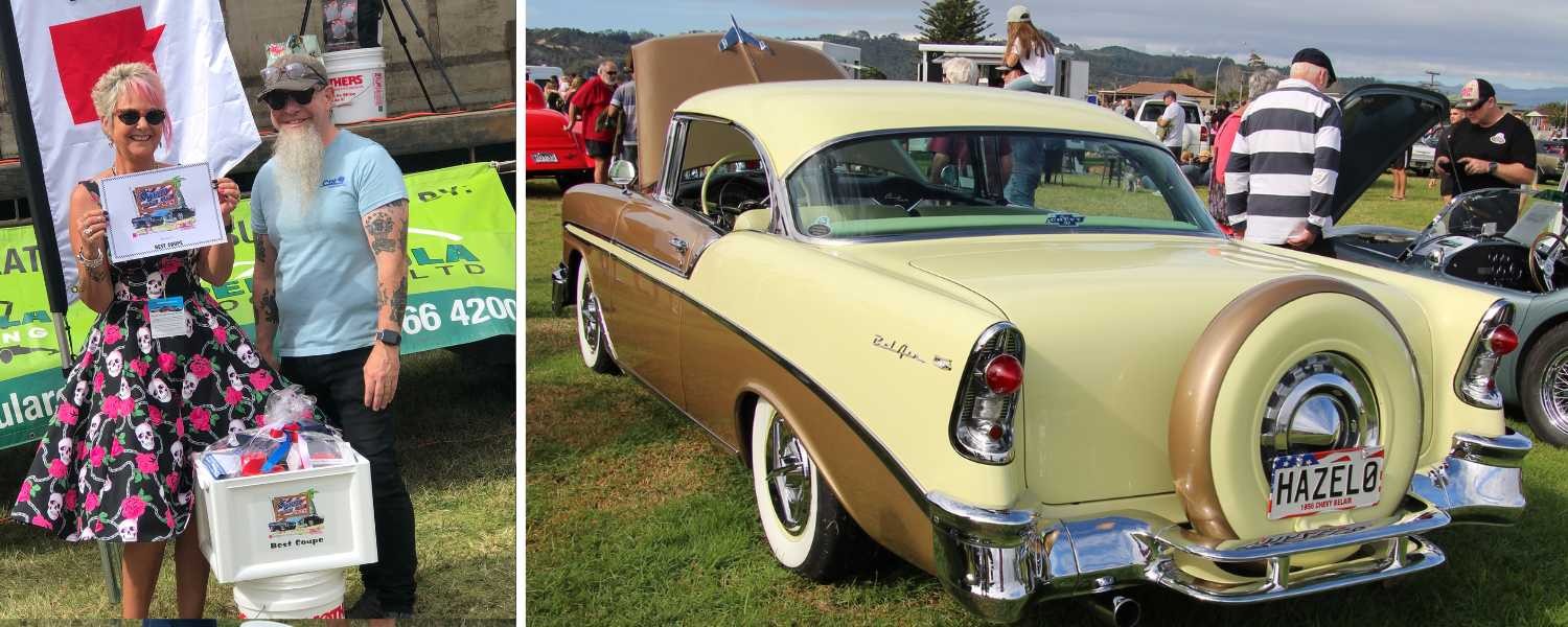 woman in dress holding award next to man and 1956 Chev Belair coup