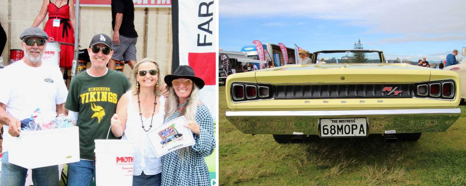 Four people standing with prizes and 1968 Dodge Coronet RT Convertible 