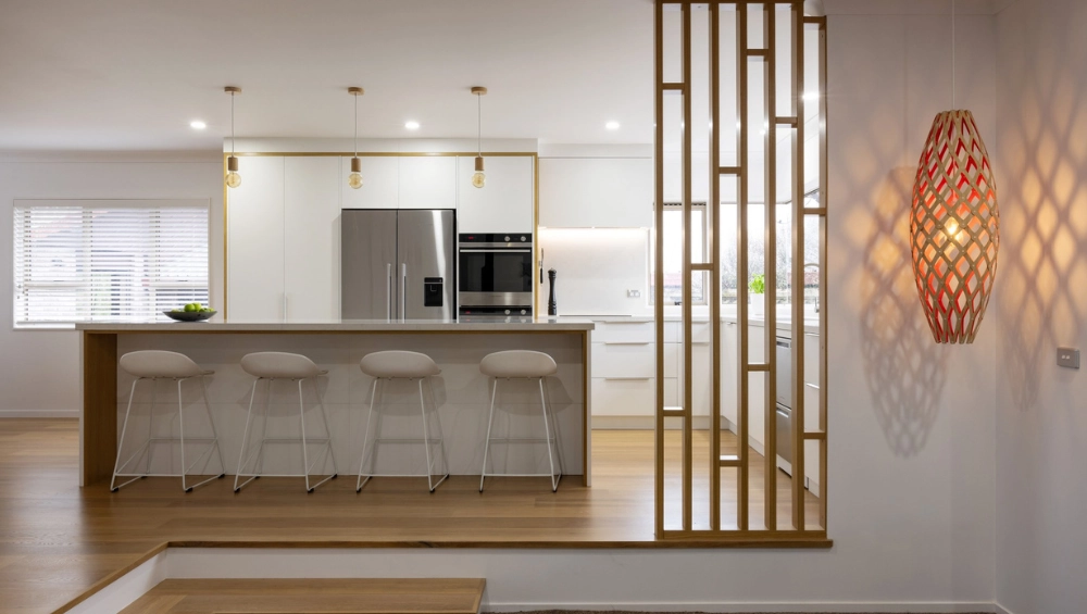 Timber floor and whit kitchen