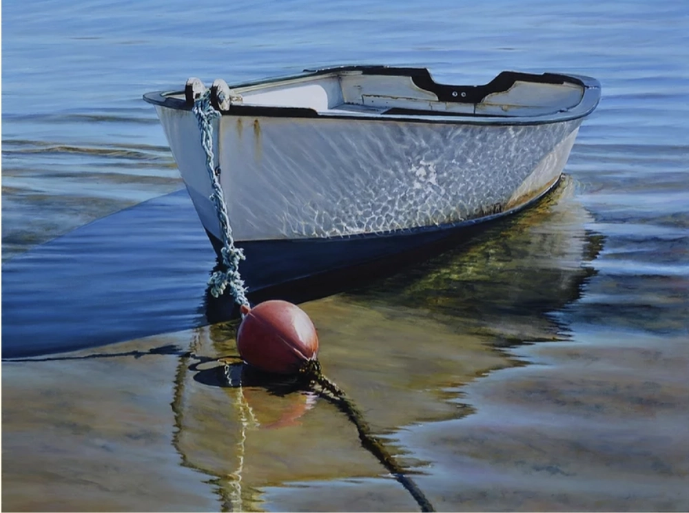 Realist painting of dinghy at low tide on beach