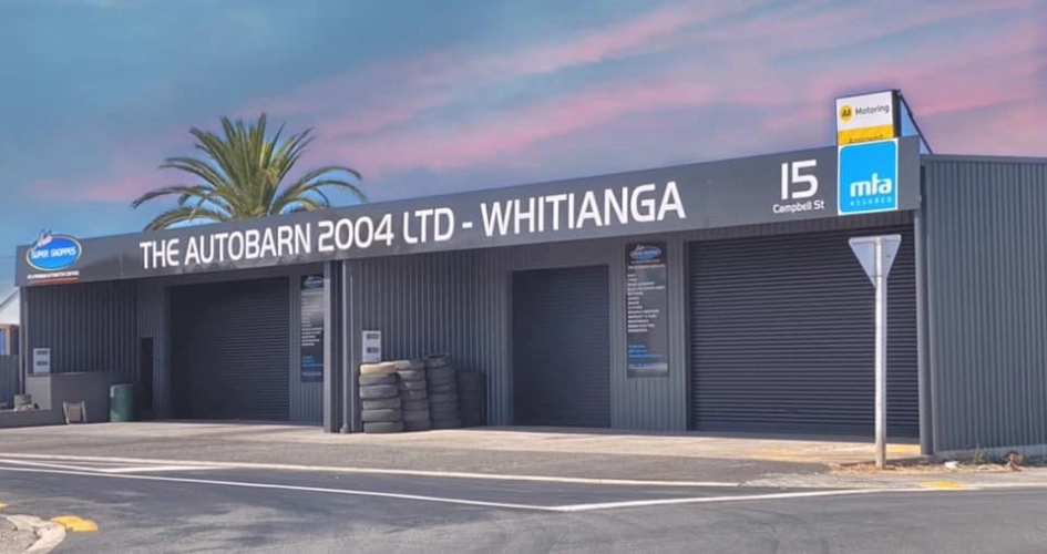 The Auto Barn workshop at sunset