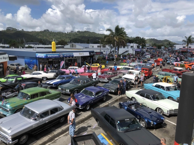 Classic cars parked in Whitianga Main Street for Beach Hop party Classic cars parked in Whitianga Main Street for Beach Hop party
