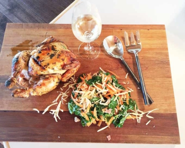 Rotisserie chicken with warm silverbeet salad