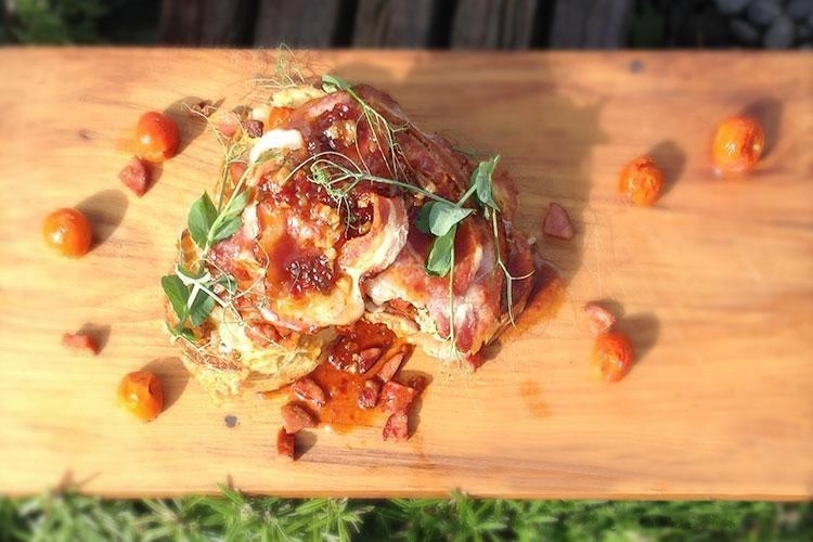Parmesan French Toast with Bacon, Chorizo, Roasted Tomatoes and Chilli Lime Chutney