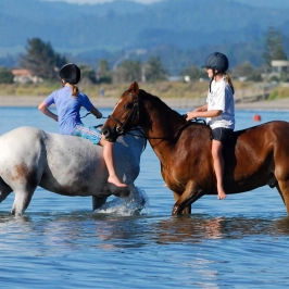 Girls horse riding on Whitianga beach