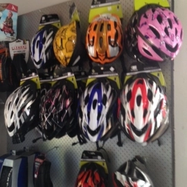 Bike helmets on wall