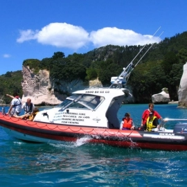Cathedral Cove Scenic Cruises leaving Cathedral Cove toward Hahei and Hot Water Beach