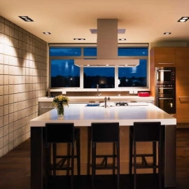 Kitchen with block wall and lights