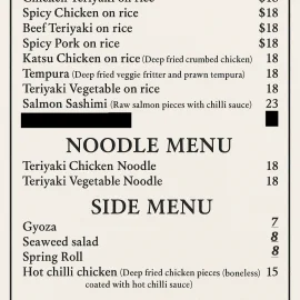 Thursday and Friday dinner takeaway menu