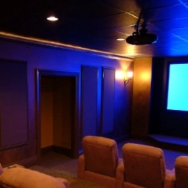 media room with blue screen