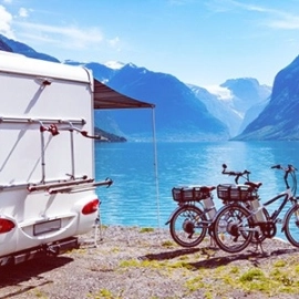 Camper van by lake
