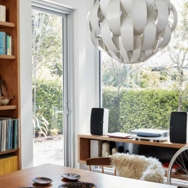 Speakers on bookshelf