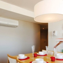 Table set with red and white plates