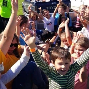 Happy kids in trailer