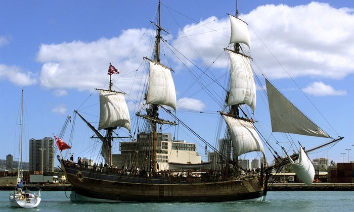 Replica of Captain Cooks Ship The Endeavour under Sail - photograph by Ronen Zilberman